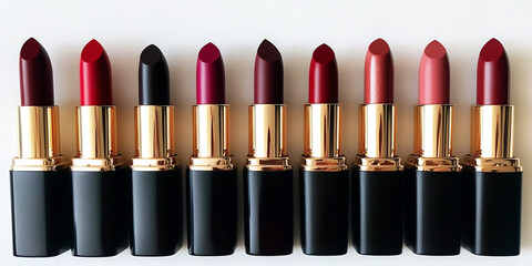 Obraz premium Elegant display of 10 lipsticks in different shades, shapes and textures on a white background