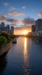 Fototapeta premium Sunrise over urban river with boats and architecture city landscape serene water reflections morning light scenic travel destination