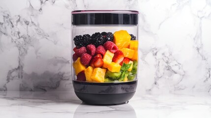 Food processor blending colorful smoothie ingredients