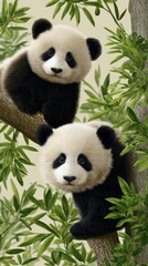 Fototapeta premium Two Adorable Panda Cubs Sitting on Tree Branch Surrounded by Green Leaves Wildlife Scene