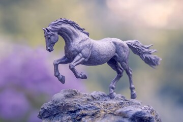 Fototapeta premium A delicate, stylized horse figurine leaping atop a rock.