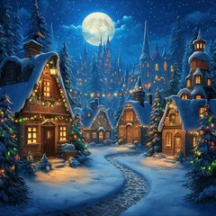 https://s.mj.run/CwlnXYmUfd4 Christmas winter village, houses hung with garlands, holiday, night atmosphere, bright lights, garlands, rich colors, contrasting light shades.