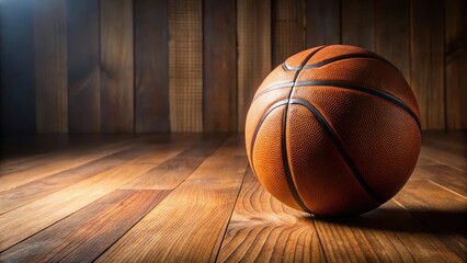 Obraz premium Basketball on wooden floor, indoor scene, sports equipment, indoor scene