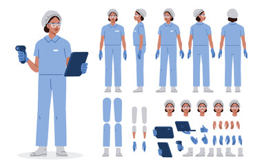 Manufacture quality control worker wearing hairnet, uniform holding scanner. Character for animation. Front, side and back view set. Body parts, postures, poses collection. Vector illustration.