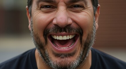 Smiling man with beard in close up portrait showing joyful expression