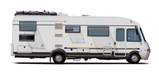 Classic German motorhome side view isolated on transparent background. PNG	
