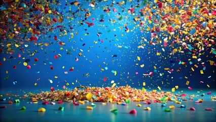 Colorful confetti scattered on a blue background with confetti pieces floating gently downwards, creating a sense of movement and energy, celebration, party