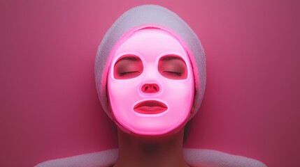 A woman relaxes with a glowing pink LED facial mask and towel head wrap against a matching pink background.