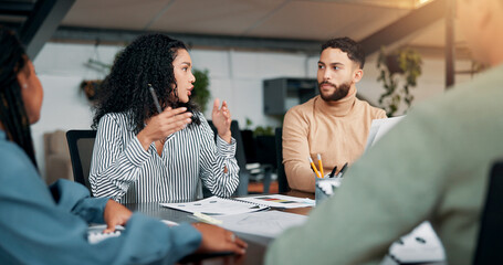 Creative, planning or designers talking in meeting for project ideas, startup or feedback. Review,...
