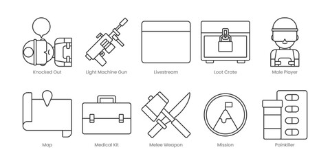 Battle Royale  Outline Icons Set – Knocked Out, Light Machine Gun, Livestream, Loot Crate, Male Player, Map, Medical Kit, Melee Weapon, Mission, Painkiller, Editable Stroke.