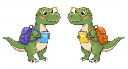 Fototapeta premium Cartoon Two T-Rex Scholars: A Day of Learning - Two adorable T-Rex dinosaurs, wearing glasses and backpacks, carry books, symbolizing education, knowledge, friendship, curiosity, and learning