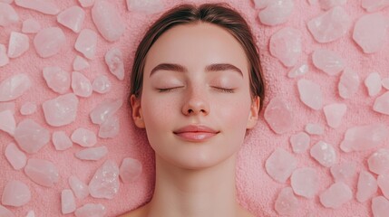 A young woman relaxes with closed eyes, surrounded by rose quartz crystals on a pink towel, suggesting a serene self-care or spa environment.