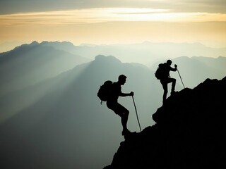Silhouette of Hikers Climbing Mountain at Sunrise, Silhouetted image of three hikers trekking uphill at sunrise, carrying backpacks and walking sticks