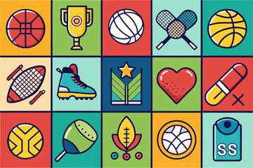 Fototapeta premium Colorful Grid of Sport and Fitness Icons for Web Design