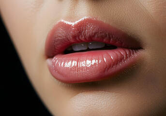 Obraz premium detailed view of plump moisturized lips with pink lipstick and gloss for beauty content 