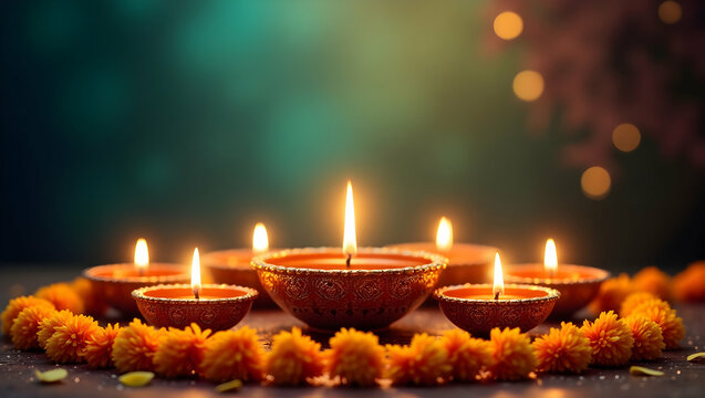 Enchanting Diwali Celebration, A luminous display of diya lamps encircled by vibrant marigolds, radiating warmth and festive cheer during the auspicious Hindu festival