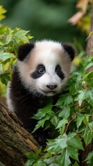 Cute Panda Cub Portrait Amidst Green Leaves and Tree Branch in Nature