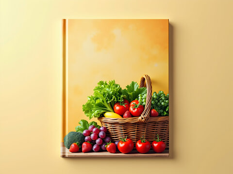 Eye-Catching Recipe Book Cover Mockup, Showcasing Fresh Produce in a Wicker Basket for Culinary Inspiration and Healthy Eating Guide on Neutral Setting