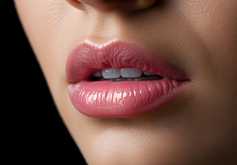 Fototapeta premium elegant close-up of soft pink lip makeup with glossy finish on neutral background