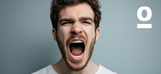 Funny Young Man with “0” on Mouth and Light Blue Background with Grey Box