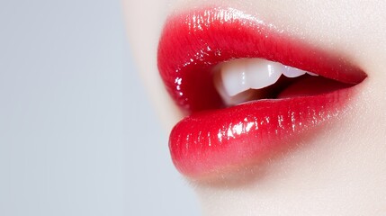 Obraz premium Close Up of Red Glossy Lips Smiling and Showing Teeth