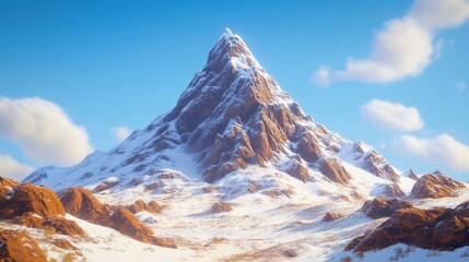 Rugged mountain peak covered with snow and rocky terrain with clear blue sky above