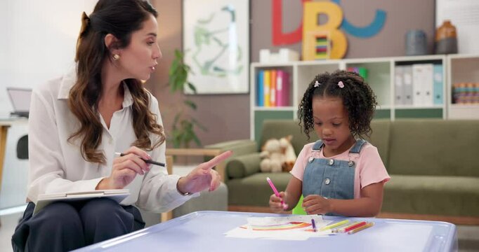 Therapy, psychologist and child with drawing for development, learning behavior and creative activity. Psychology, therapist and girl with crayons for art assessment, cognitive test and observation
