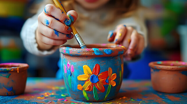Child Painting a clay Flower Pot