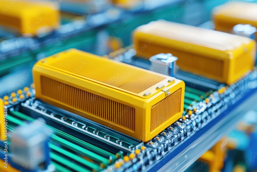Poster industrial assembly solutions. close-up of colorful electronic circuit components on a circuit board