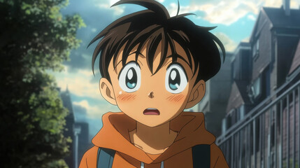 Young Boy's Face with Surprised Expression in Anime Style, Outdoor Background with Trees and Buildings, Orange Hoodie