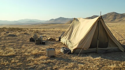 A desert field research camp with tents and geology tools