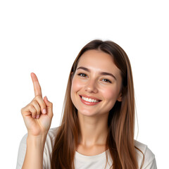Smiling woman with long brown hair points upward, showcasing a bright, confident smile and healthy complexion against a transparent background.