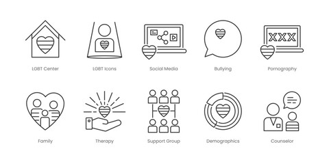 LGBT  Outline Icons Set – Straight, Transgender, Transphobia, Bullying, Counselor, Demographics, Family, Pornography, Support Group, Therapy, Editable Stroke.