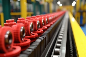 Fototapeta premium Industrial assembly solutions. Industrial gear assembly on a production line with vibrant colors.