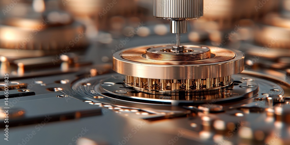 Poster industrial assembly solutions. close-up of intricate machinery with metallic components and circuits