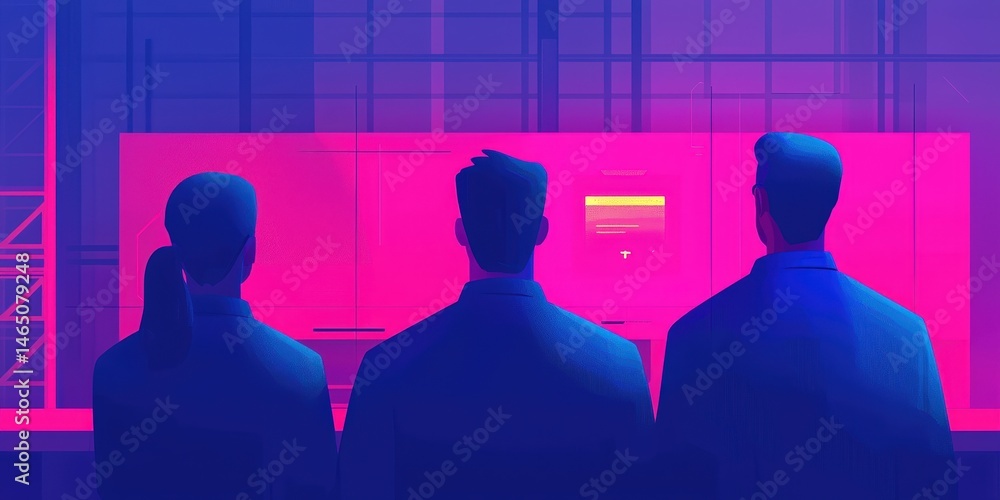 Poster industrial assembly solutions. three figures observe a glowing screen in a vibrant, futuristic setti