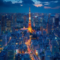 Naklejka premium Shining skyline in Tokyo captured at dusk hour high resolution picture