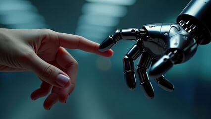 Robot hand gently touches human finger, evoking curiosity, connection, future emotion. Depicts human AI interaction, empathy, robotics progress. Cybernetic realism style, 