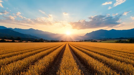 Golden Wheat Field at Sunset with Rolling Hills