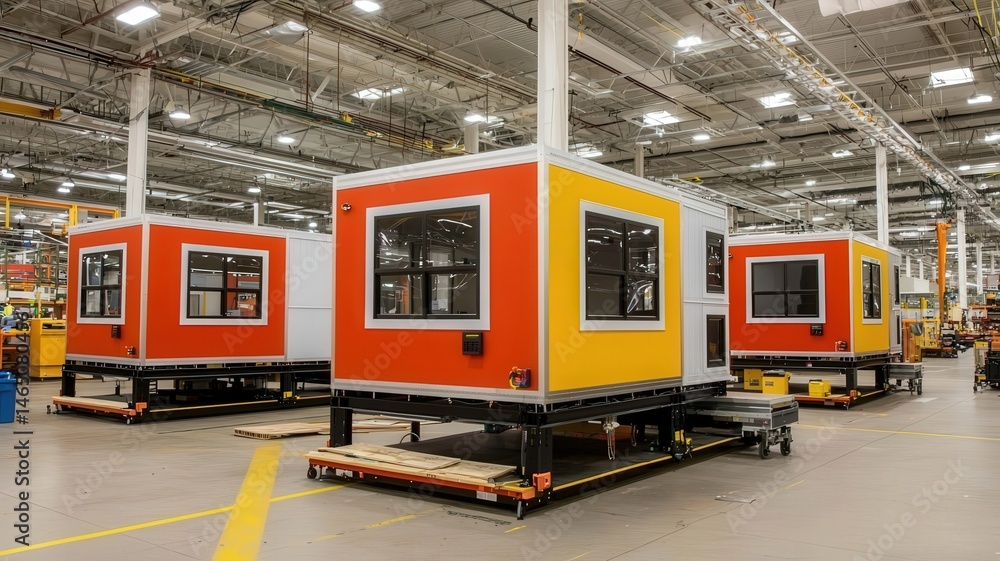 Aufkleber industrial assembly solutions. modular buildings displayed in a factory setting.