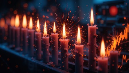 Row of Lit Candles with Wax Drippings and Financial Chart Overla