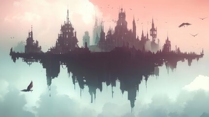 Naklejka premium Floating city silhouette against pastel sky.