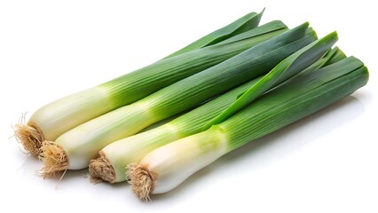 Fototapeta premium Three leeks are displayed isolated on white background