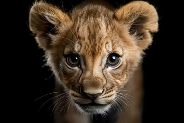 Obraz premium Close-up view of a lion cub showcasing its expressive eyes and playful demeanor in a dark setting