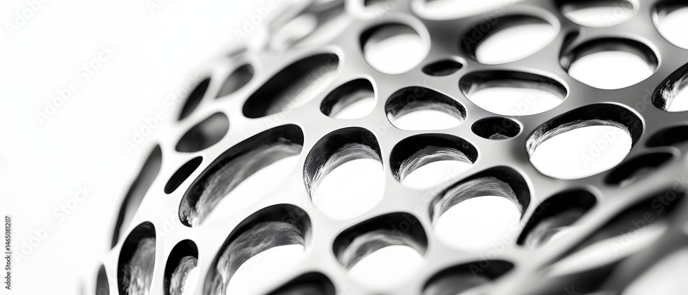 Poster close up of an intricate repeating metal pattern with circular a modern minimalist architectural des