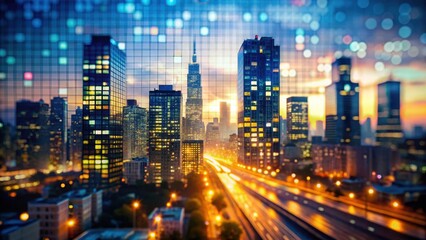 Blurred cityscape with pixelated skyscrapers and roads at dusk, blur effect, urban landscape
