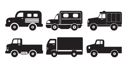 Black Silhouette Cargo and Utility Truck Icons – Vector Set