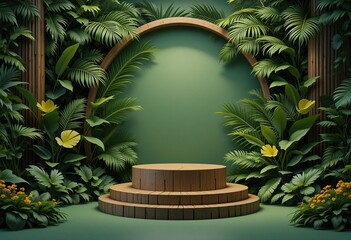 Elegant Tropical Display: Wooden Circular Podium with Lush Greenery Backdrop