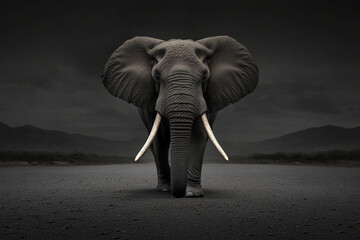 Obraz premium Majestic elephant walking down a deserted road in the African wilderness during a dramatic evening