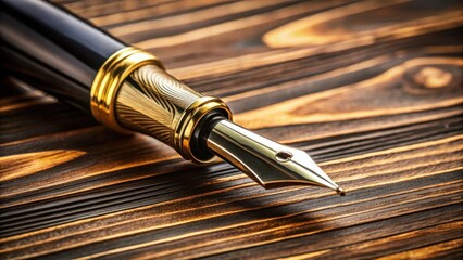Naklejka premium Close-up of a classic fountain pen nib with elegant lines and curves, resting on a worn wooden desk, evoking a sense of sophistication and refined writing, refined stationery, vintage fountain pen